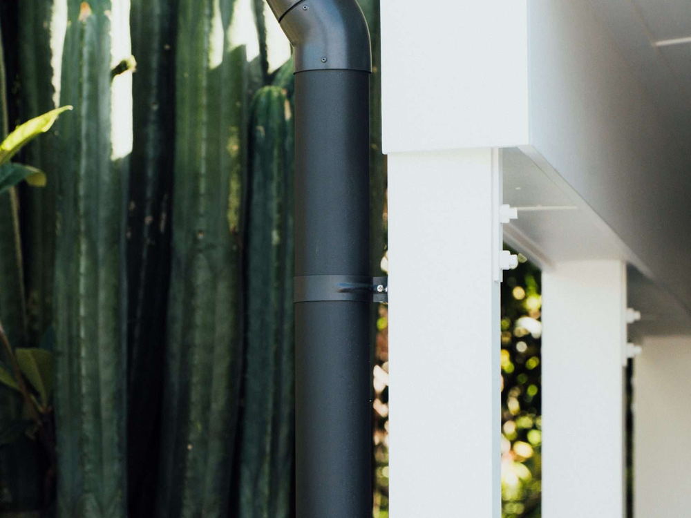 Dark downpipe running down a white wall beside tall cactus planting